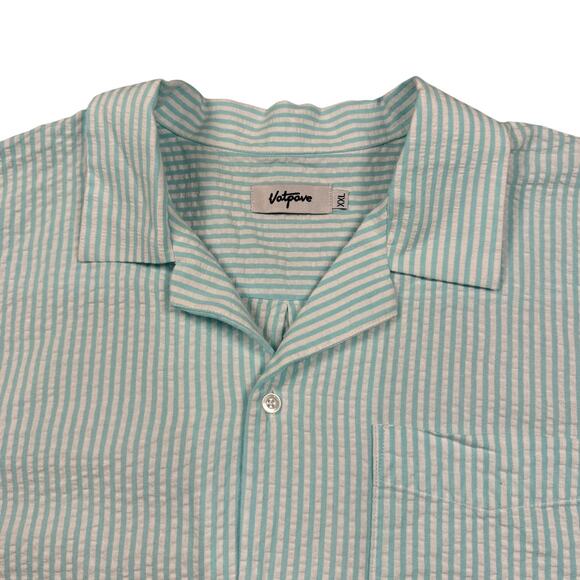 Seersucker Shirt Men's XXL‎ Mint Blue Striped Button Down Short Sleeve Casual - Picture 1 of 10